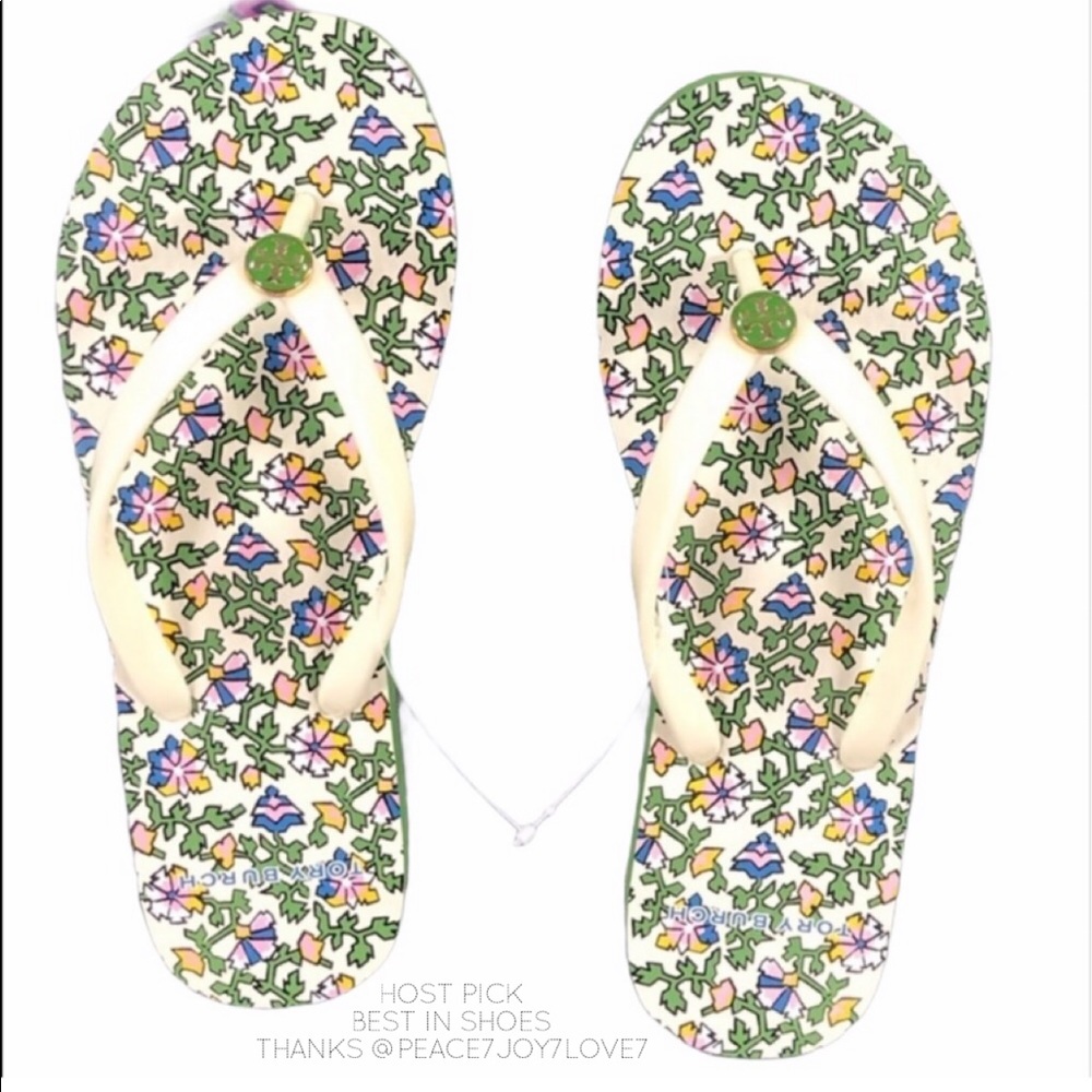 ๐ HP ๐ ๐ Tory Burch Wild Pansy New Ivory Flip Flops - Picture 1 of 9